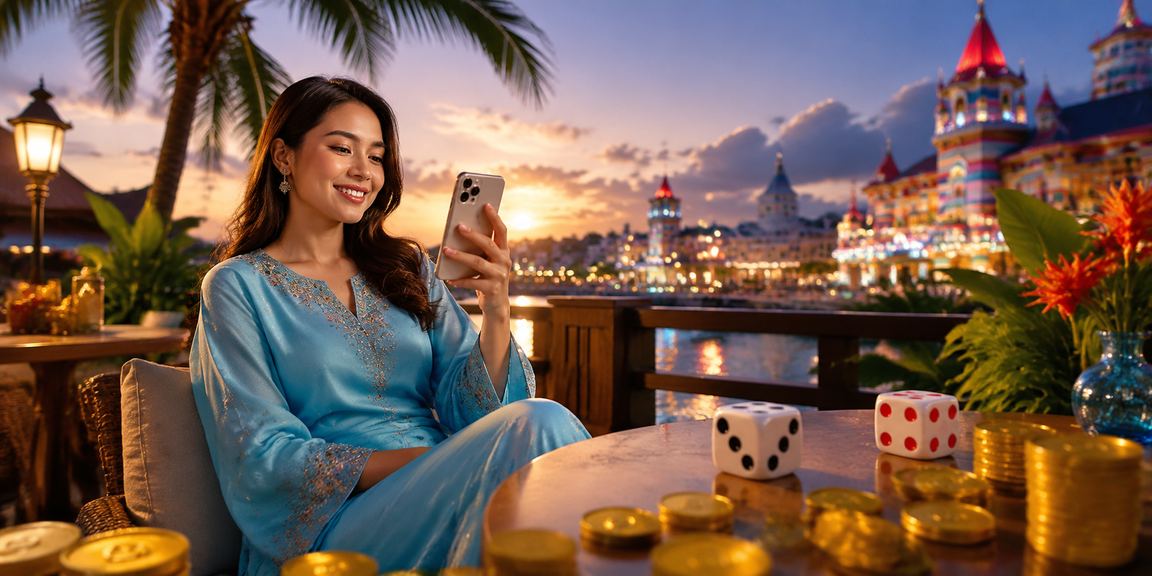 Pemain kasino Malaysia berbaju kurung menikmati permainan dadu dalam talian